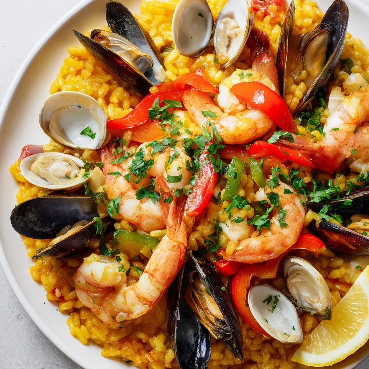 Golden saffron-infused rice and plump seafood in this stunning Spanish Seafood Paella.