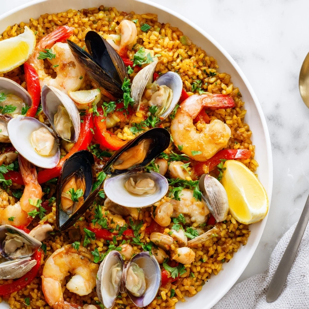 Aromatic Spanish Seafood Paella: a delightful display of colorful shrimp, mussels, and clams.