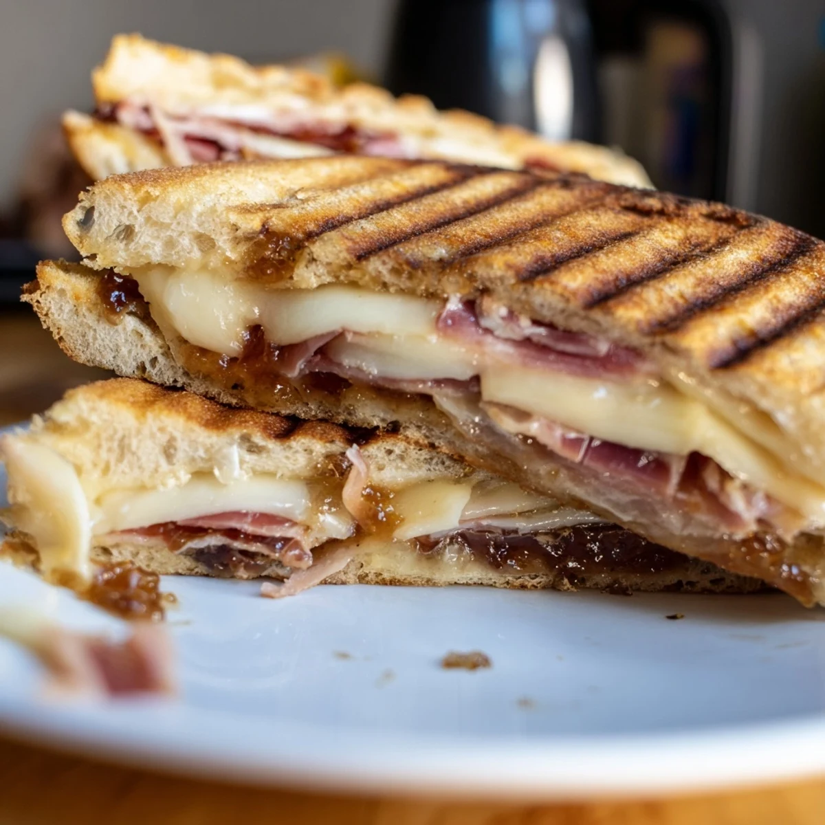Golden slices of prosciutto and melted fontina cheese peek out of a warm Crispy Prosciutto & Fig Panini, cut in half to reveal the sweet fig jam filling.