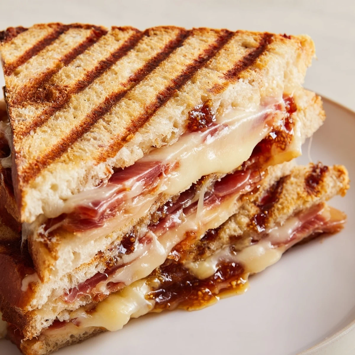 Close-up on the gooey melted cheese and salty prosciutto inside the Crispy Prosciutto & Fig Panini, ready to be enjoyed for lunch.