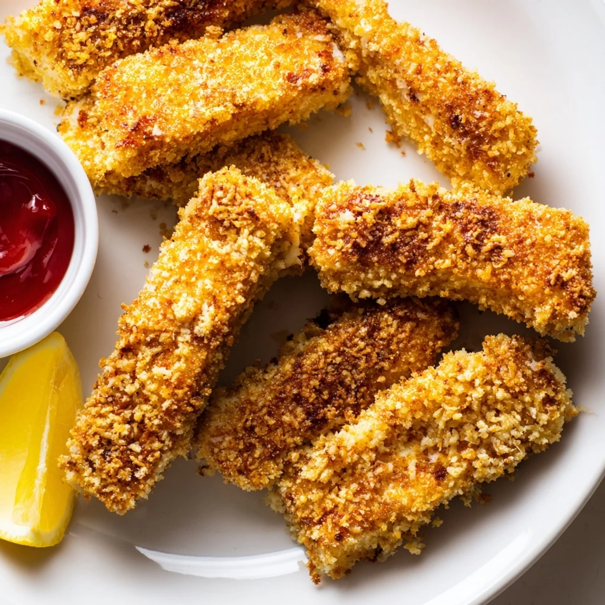 Golden-brown, crispy panko halloumi batons fried until crunchy, served with fresh lemon wedges and a spicy dipping sauce on a rustic plate.