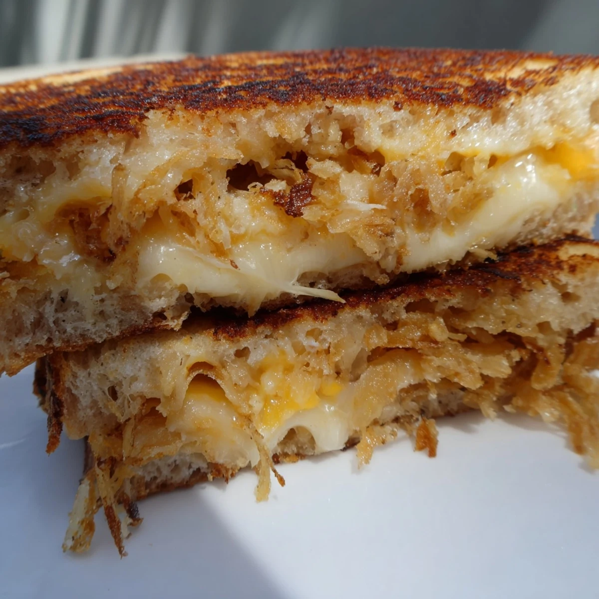 Golden, crunchy fried onions add texture to a Crispy Onion Grilled Cheese served warm beside creamy tomato soup.