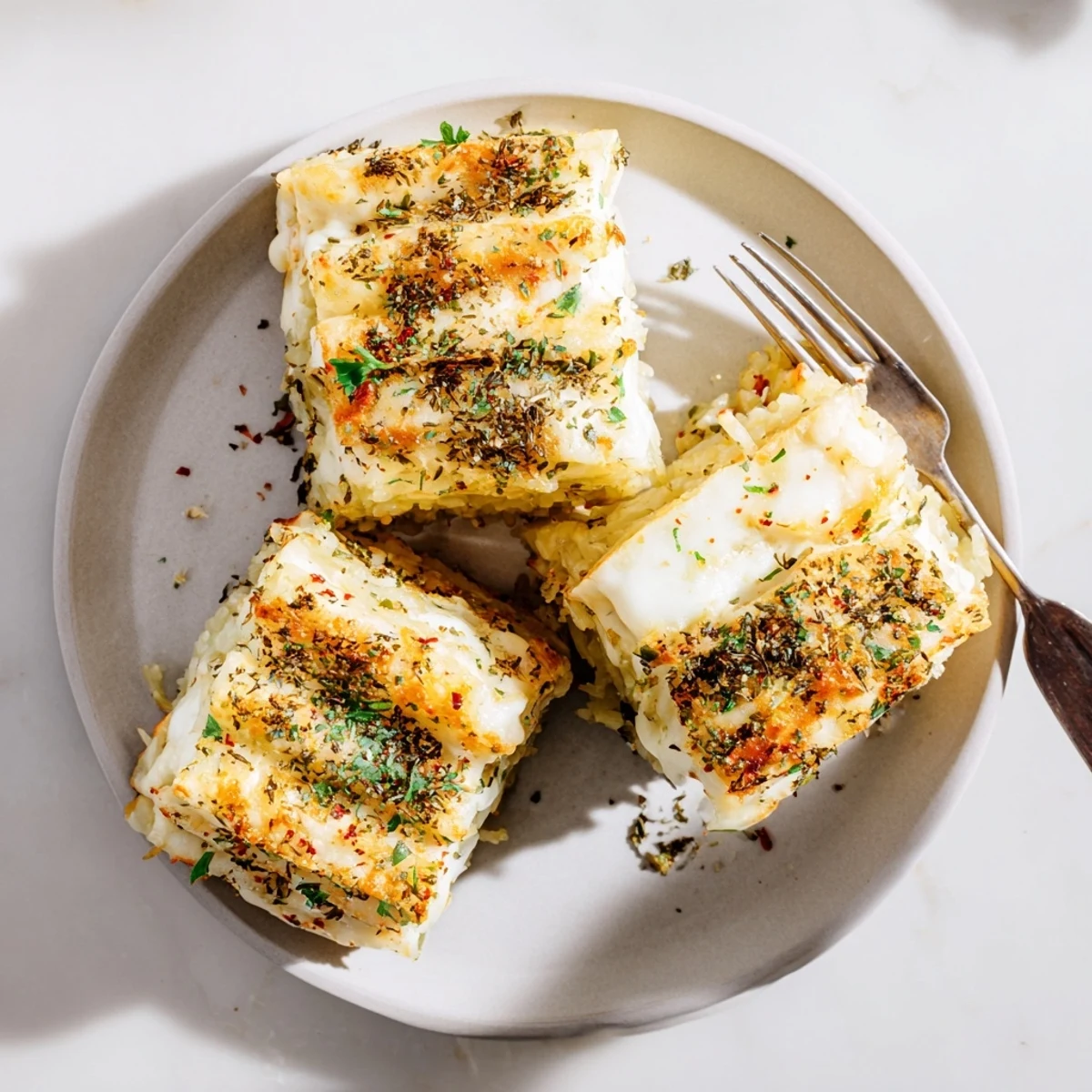 Golden, crispy rice cake cheese stacks with melted mozzarella and parmesan, fresh parsley garnish.