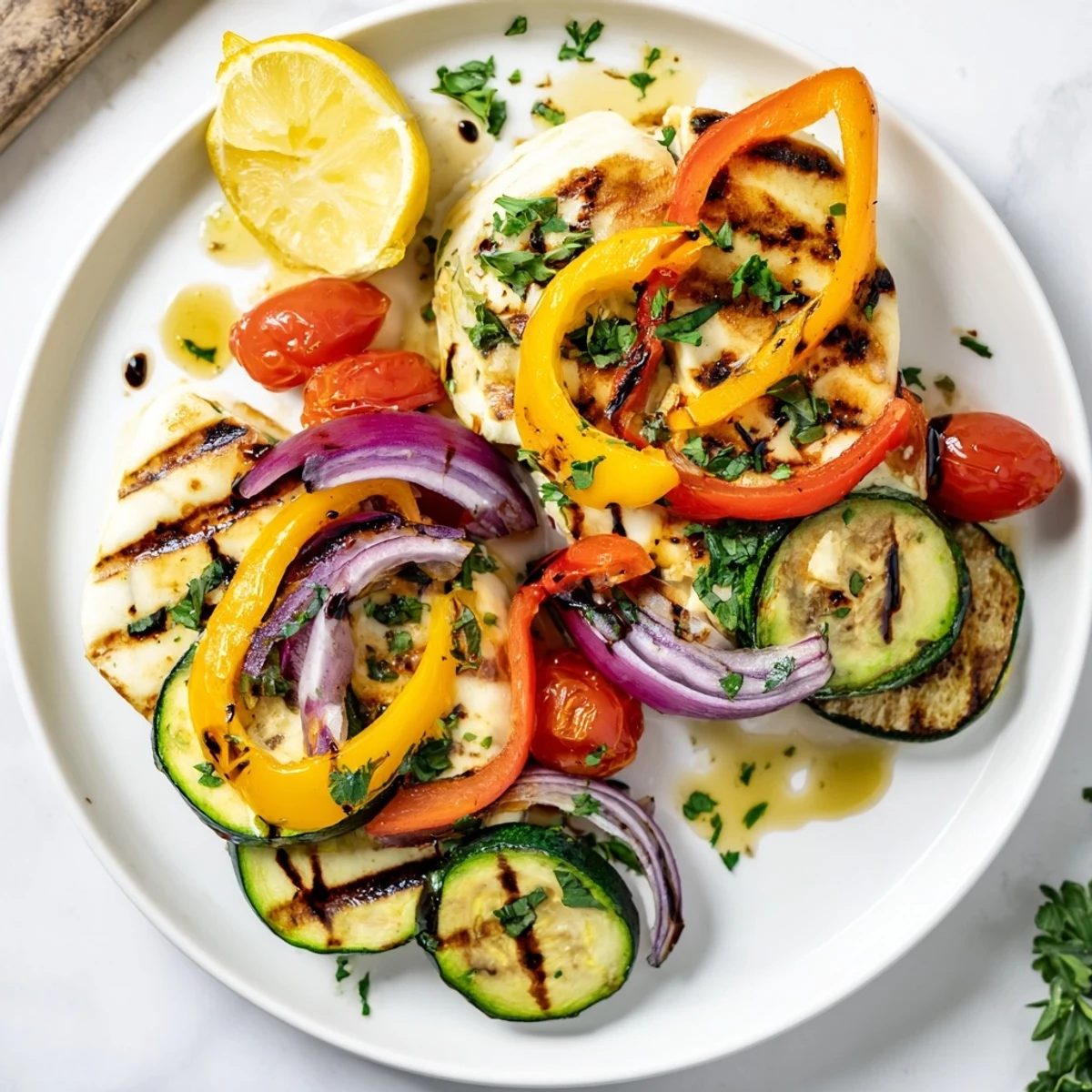 A close-up view shows the Grilled Halloumi Cheese Steak garnished with parsley, cherry tomatoes, and lemon wedges.