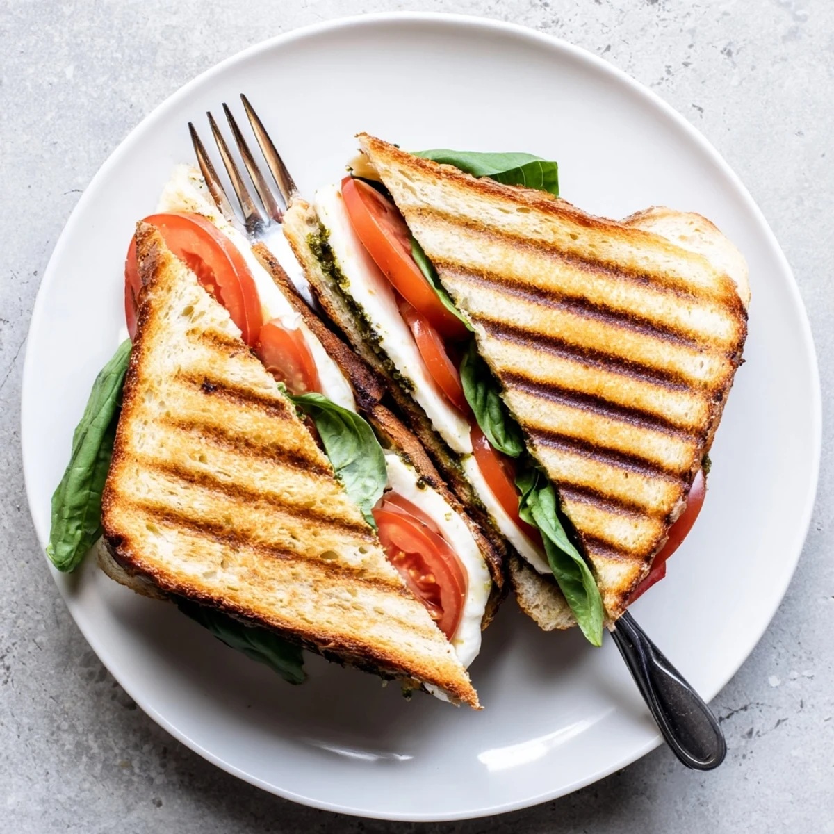 Grilled Mediterranean veggie panini with feta, eggplant, and hummus on rustic bread.