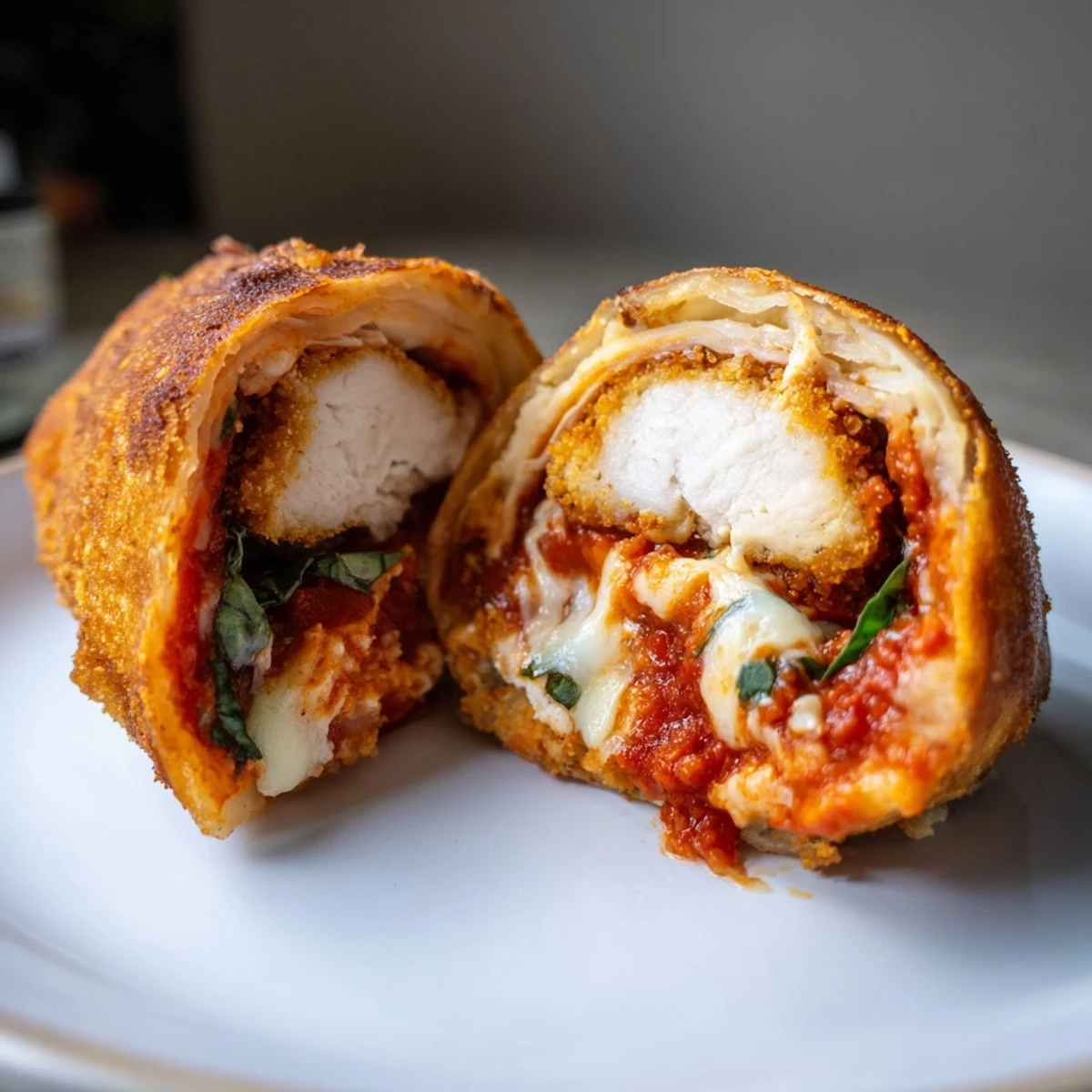 Golden brown crispy chicken cutlet nestled in a warm flour tortilla, layered with rich marinara sauce and melted mozzarella for a classic Italian-American wrap.