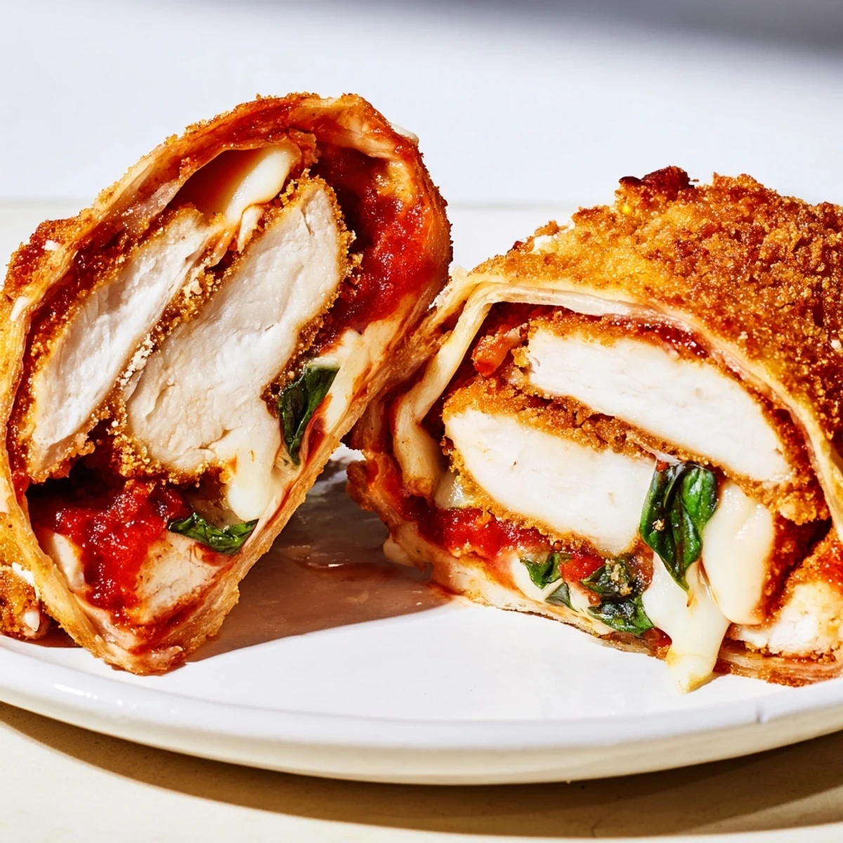 Crispy Chicken Parm Wrap served open-faced to show melted mozzarella and fresh basil, perfect for pairing with a side salad and extra marinara dip.
