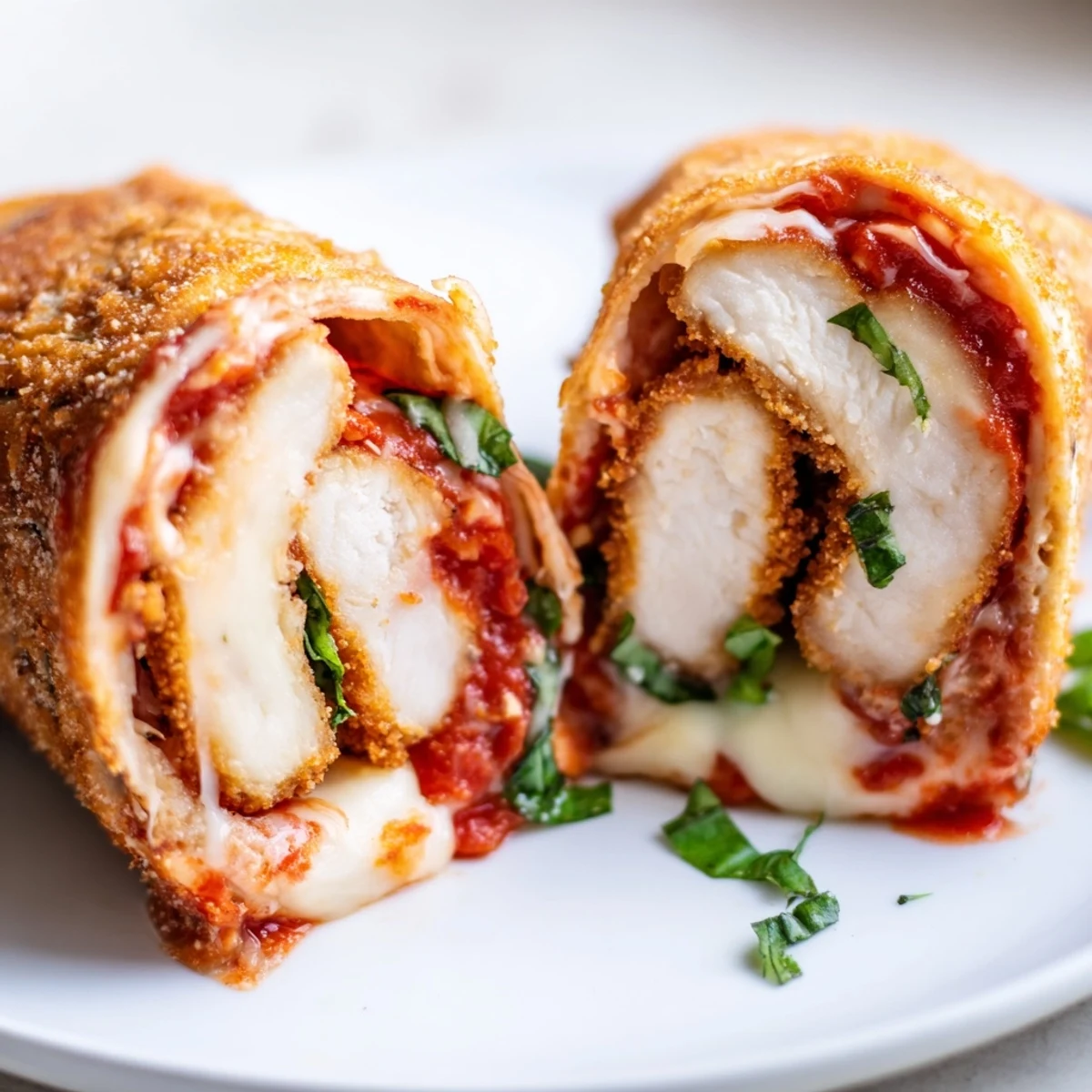 Freshly rolled Crispy Chicken Parm Wrap cut in half, revealing juicy breaded chicken and gooey cheese inside a soft tortilla for a handheld meal.
