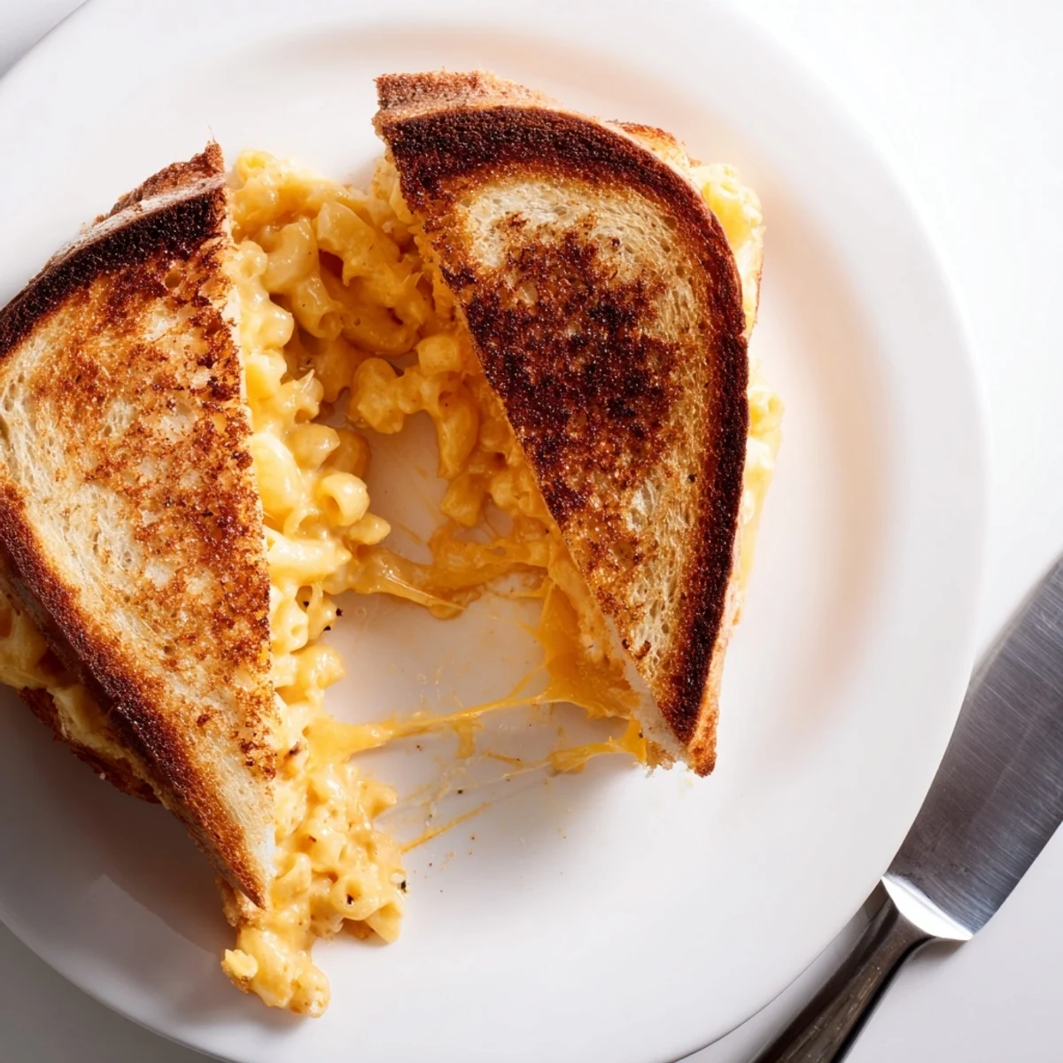 A close-up of a Mac & Cheese Grilled Cheese sandwich, buttery bread golden and toasted, with melted cheese strings.