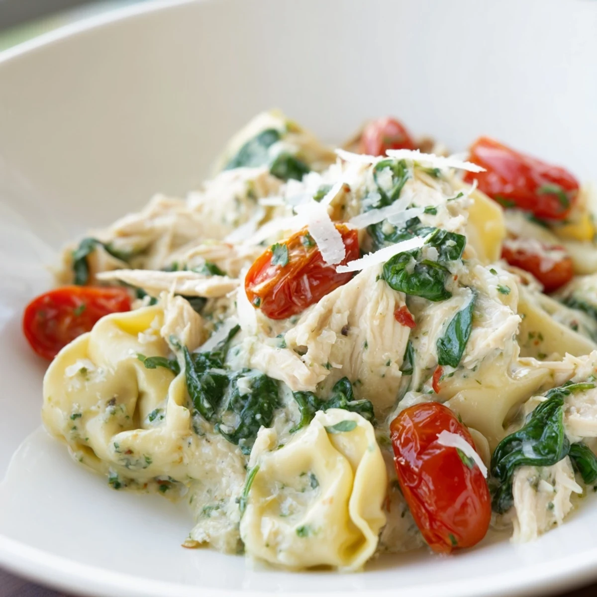 Close-up of Creamy Pesto Tortellini Skillet bubbling with melted Parmesan, cherry tomatoes, and a garnish of basil.