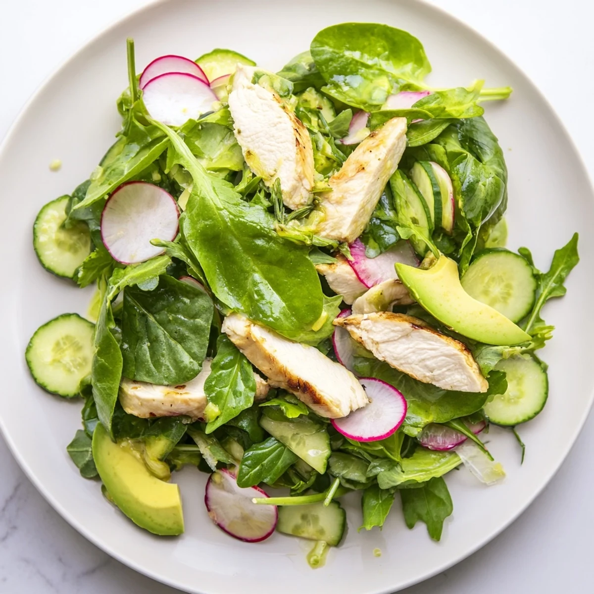 Colorful Spring Detox Chicken Salad in a white bowl features fresh avocado slices, perfect for a light lunch.