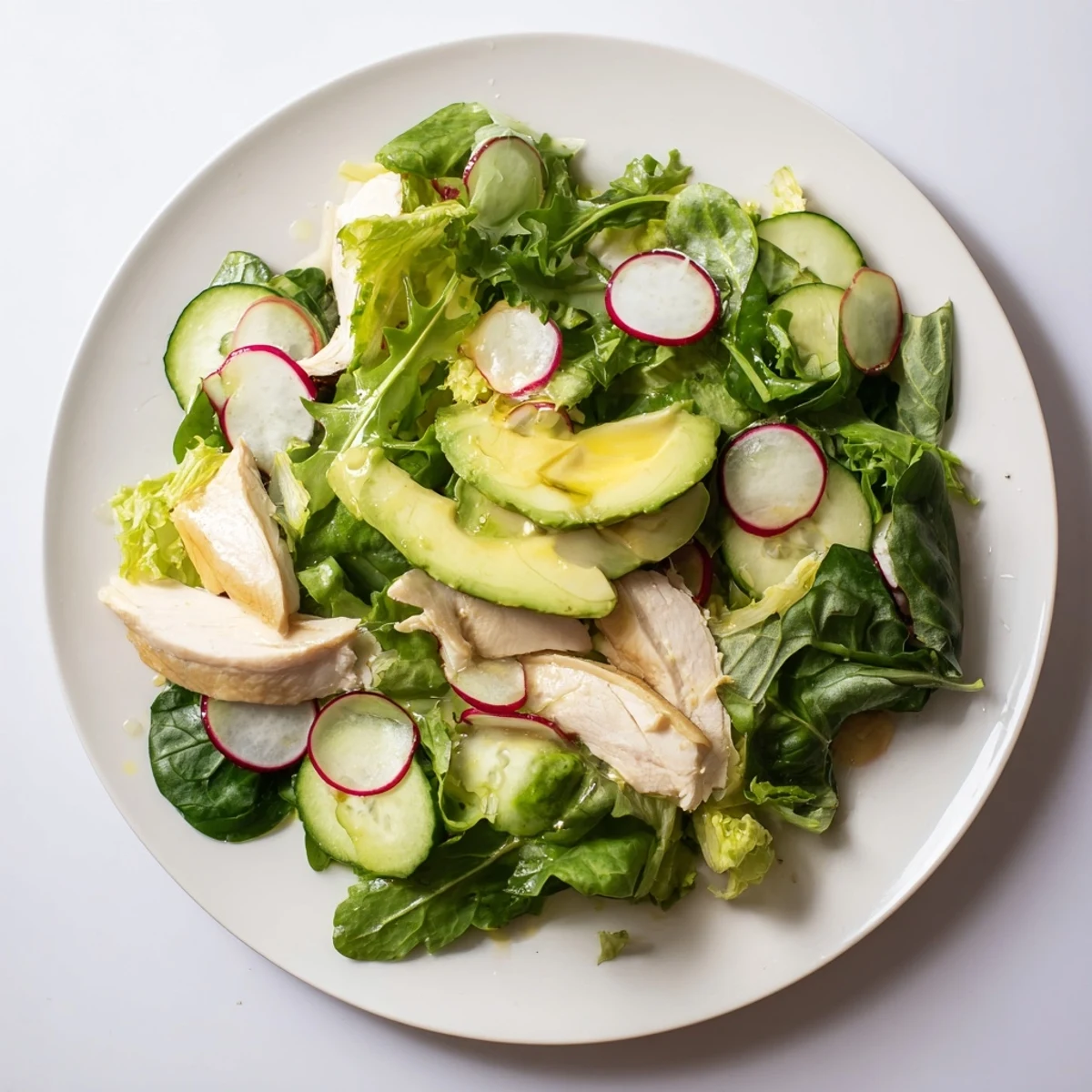 Bright grilled chicken slices rest on crisp mixed greens, cucumber, and radish, drizzled with zesty lemon vinaigrette.