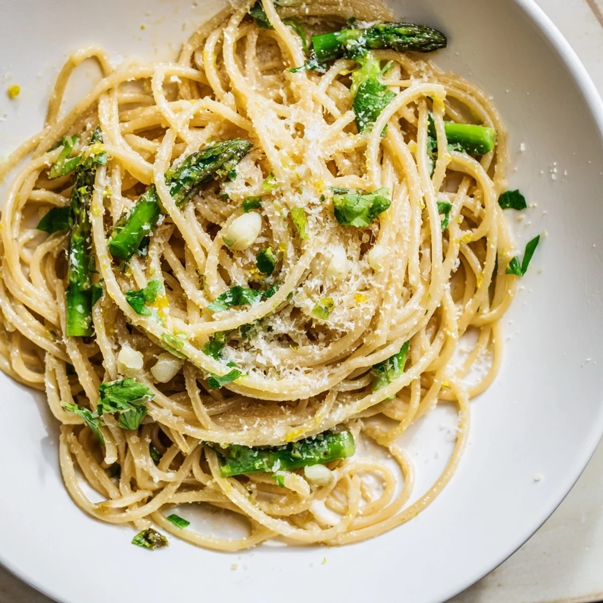 Roasted Garlic & Asparagus Pasta plated with tender green spears and golden cloves, garnished with fresh parsley and Parmesan.