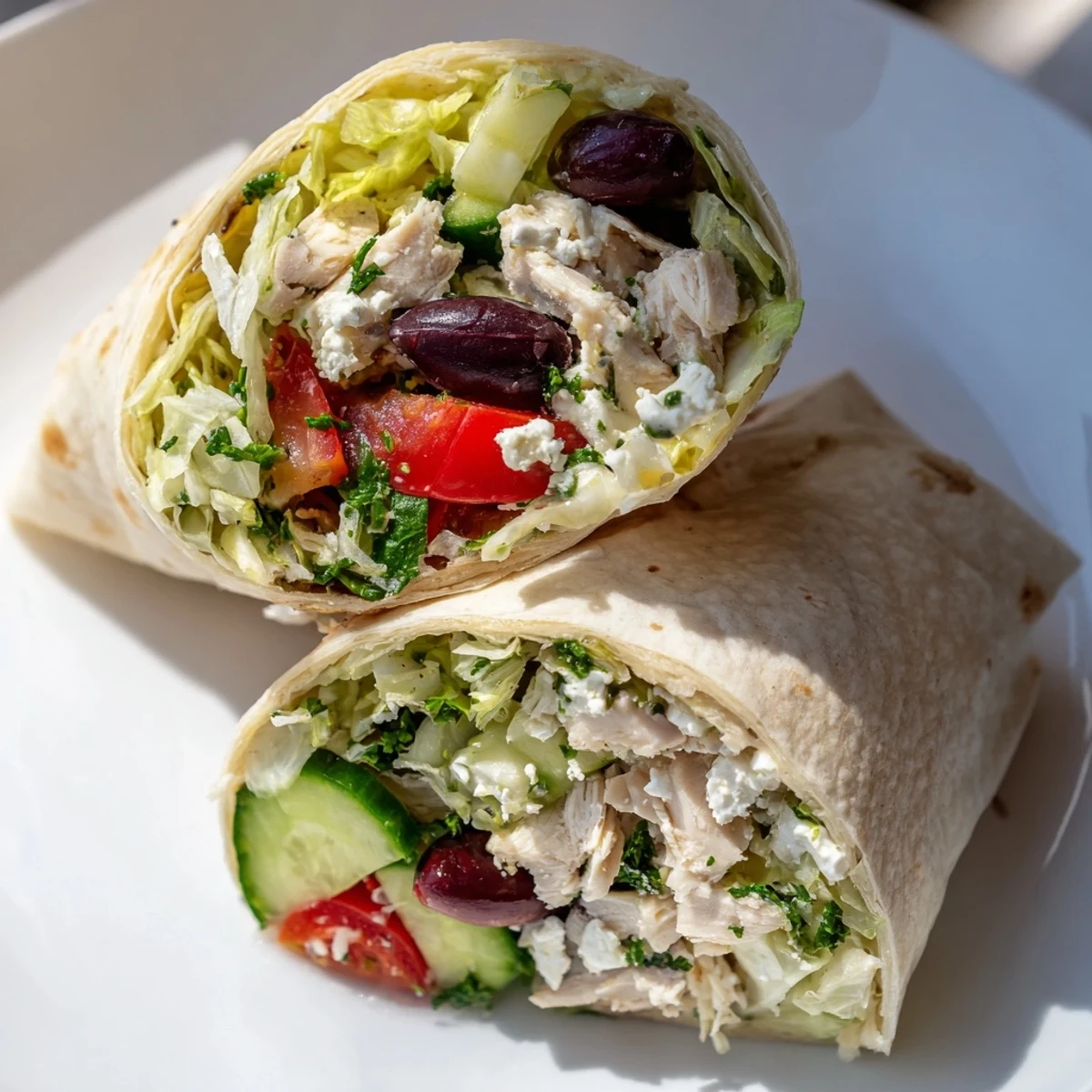 Close-up of a Greek Lemon Chicken Salad Wrap, featuring juicy grilled chicken chunks nestled among crisp cucumber, cherry tomatoes, and red onion with crumbled feta and olives inside a soft tortilla.