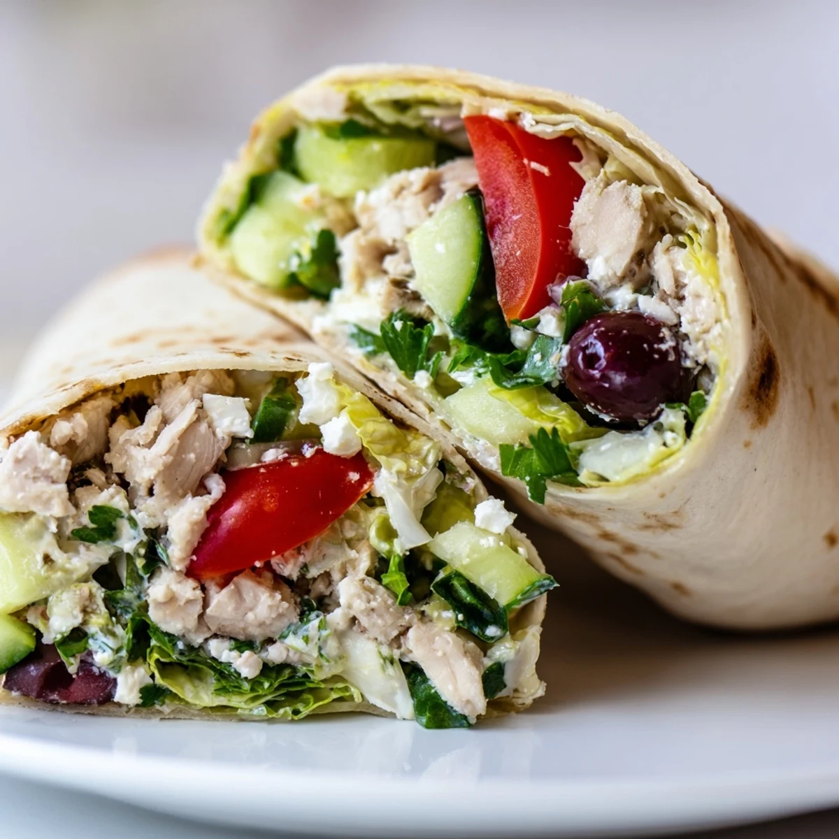 Warm, freshly rolled Greek Lemon Chicken Salad Wrap on a rustic wooden table, with a side of tangy feta and a sprinkle of fresh parsley, perfect for a quick Mediterranean lunch.