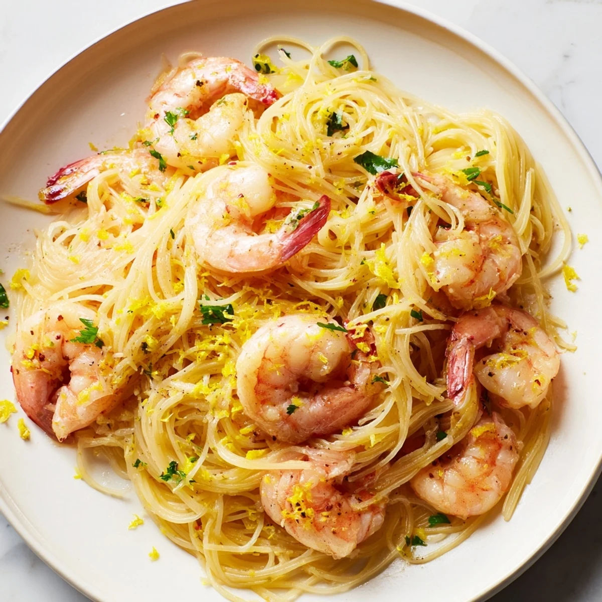 Fork-tender angel hair pasta coated in a vibrant lemon butter sauce, topped with plump pink shrimp and fresh parsley.  