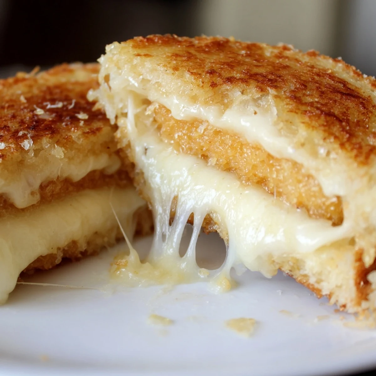 A perfectly grilled Mozzarella Stick Grilled Cheese sandwich rests on a wooden cutting board, sliced to reveal layers of melty cheese and crispy mozzarella sticks.  