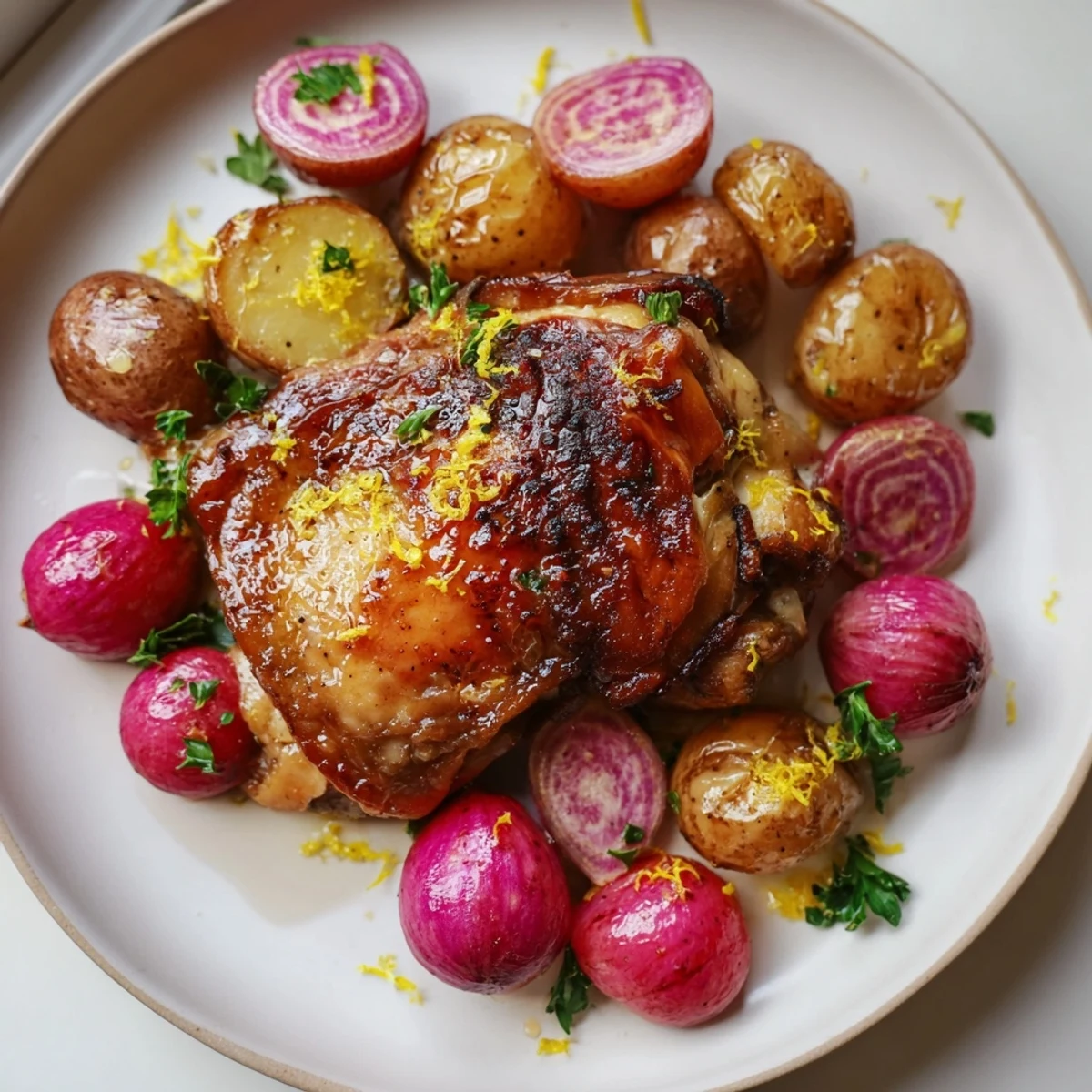 Golden roasted radishes and caramelized potatoes nestle beside juicy, skin-on chicken thighs on this Roasted Radish & Chicken Sheet Pan, finished with bright lemon zest.