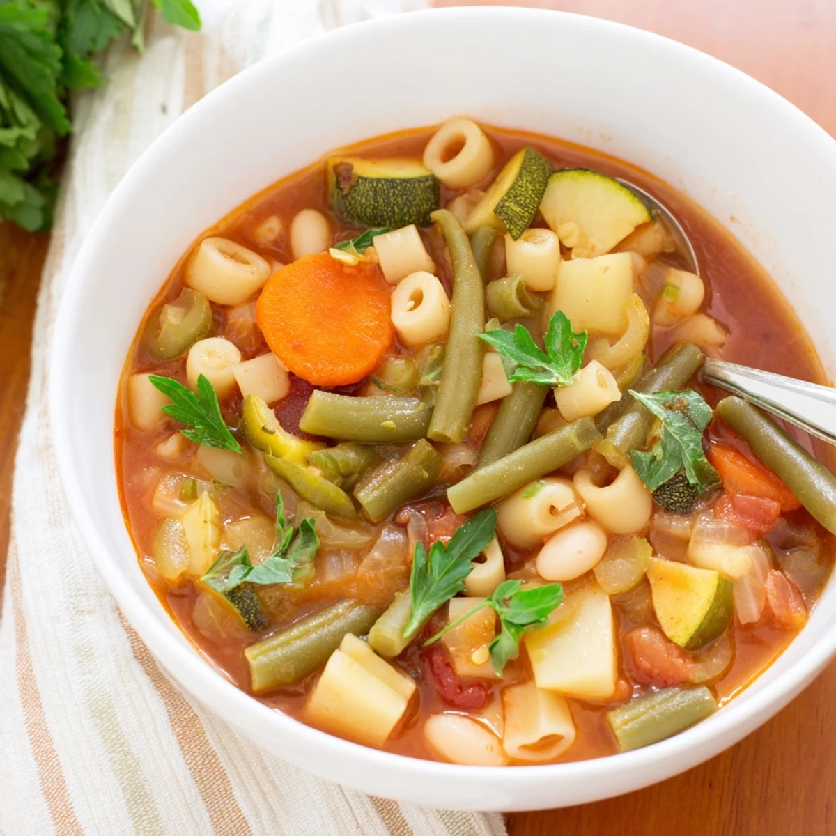 Comforting Minestrone Vegetable Soup served in rustic pottery, featuring colorful carrots, zucchini, and beans for a hearty meal.