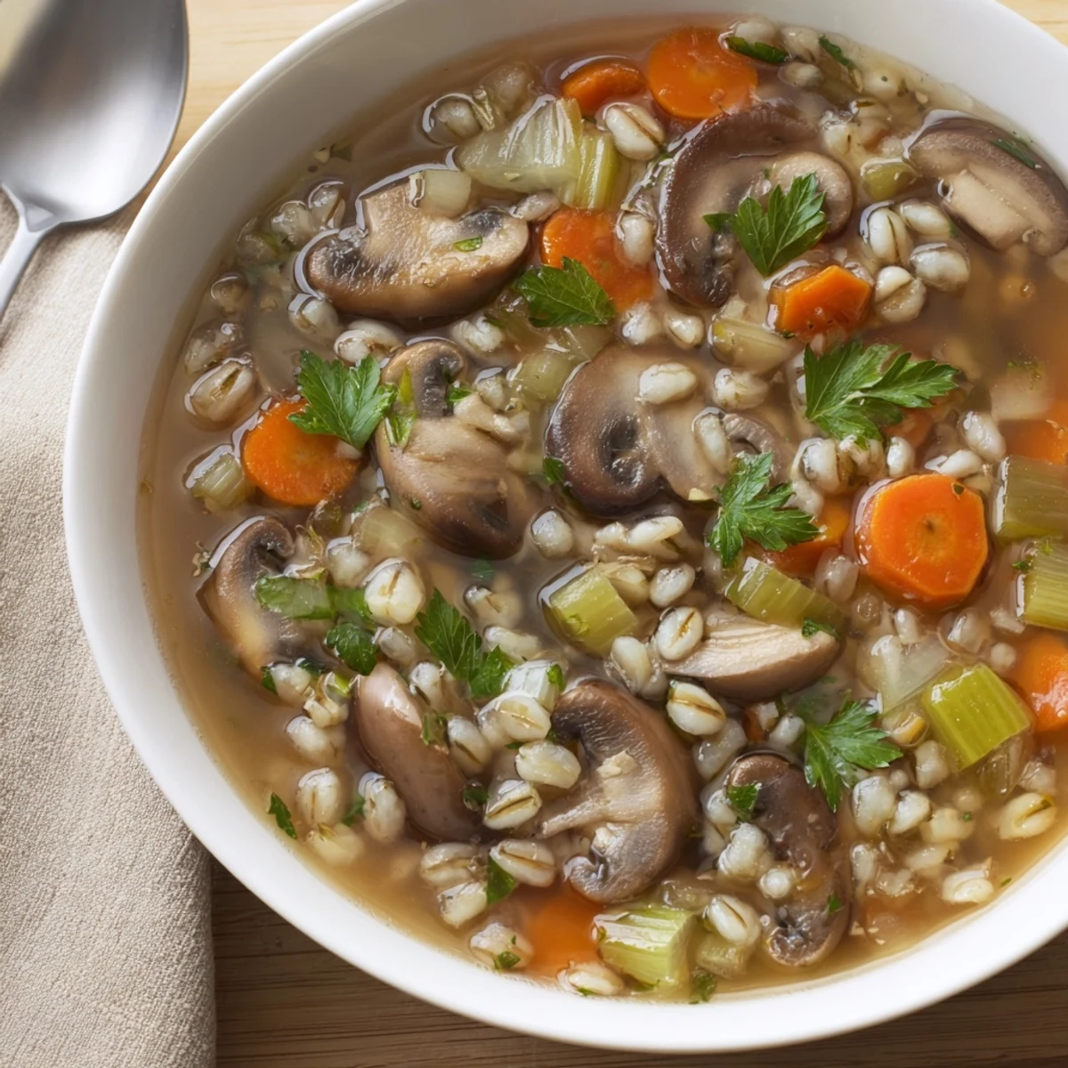 A close-up view of homemade Mushroom and Barley Soup in a rustic bowl, garnished with fresh parsley. 