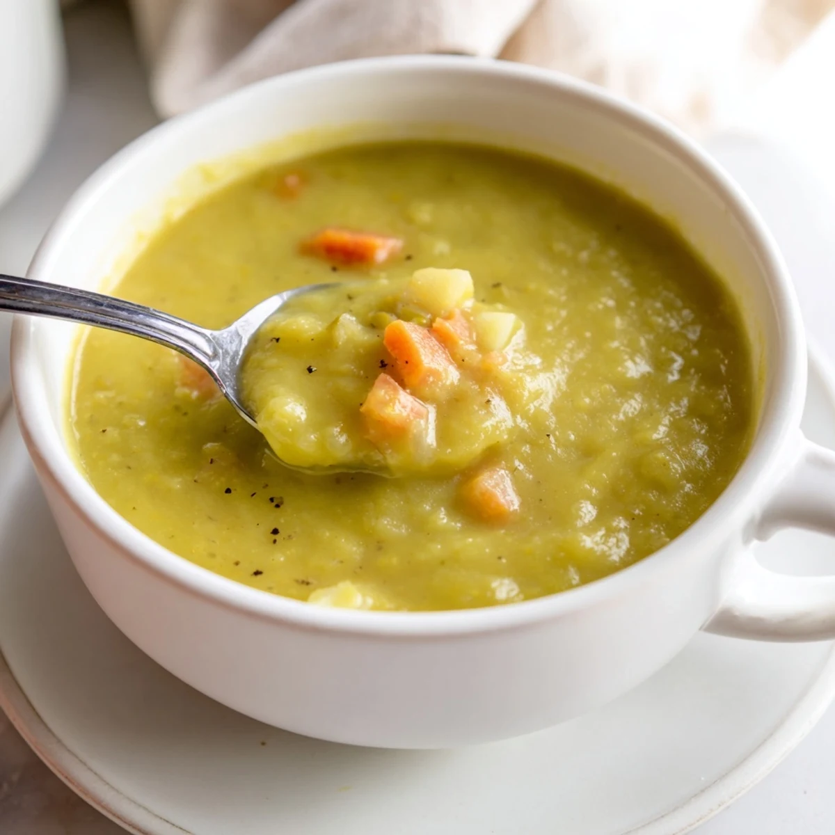 A bowl of creamy Split Pea Soup, thick with tender peas and vegetables, topped with a swirl of olive oil and fresh thyme.