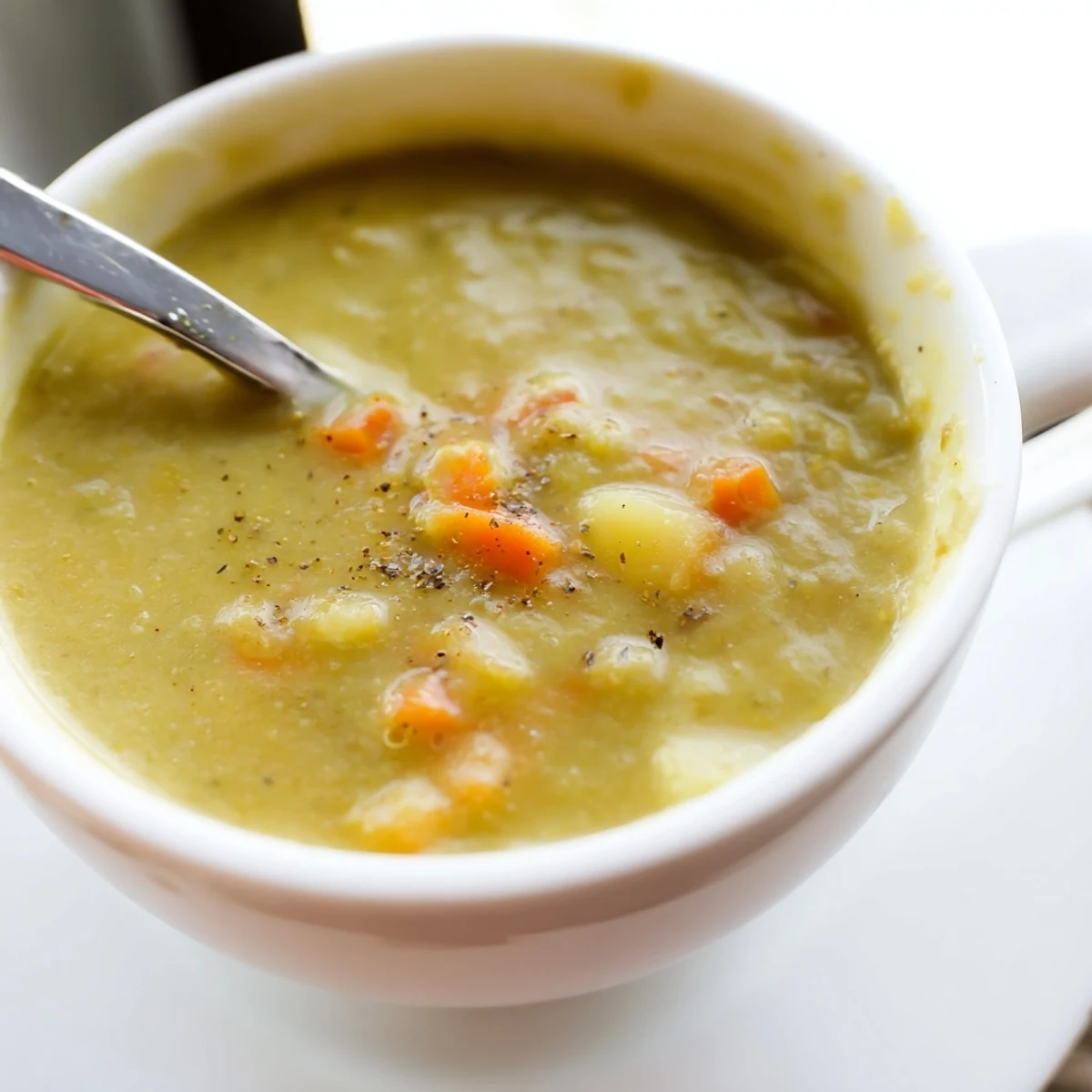Homemade Split Pea Soup simmering in a pot, showcasing its vibrant green color and hearty texture ready to be served.