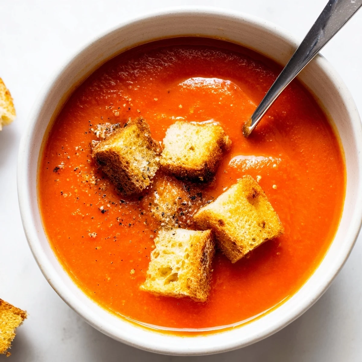 Steaming bowl of roasted tomato soup with crispy croutons, served with a grilled cheese sandwich.