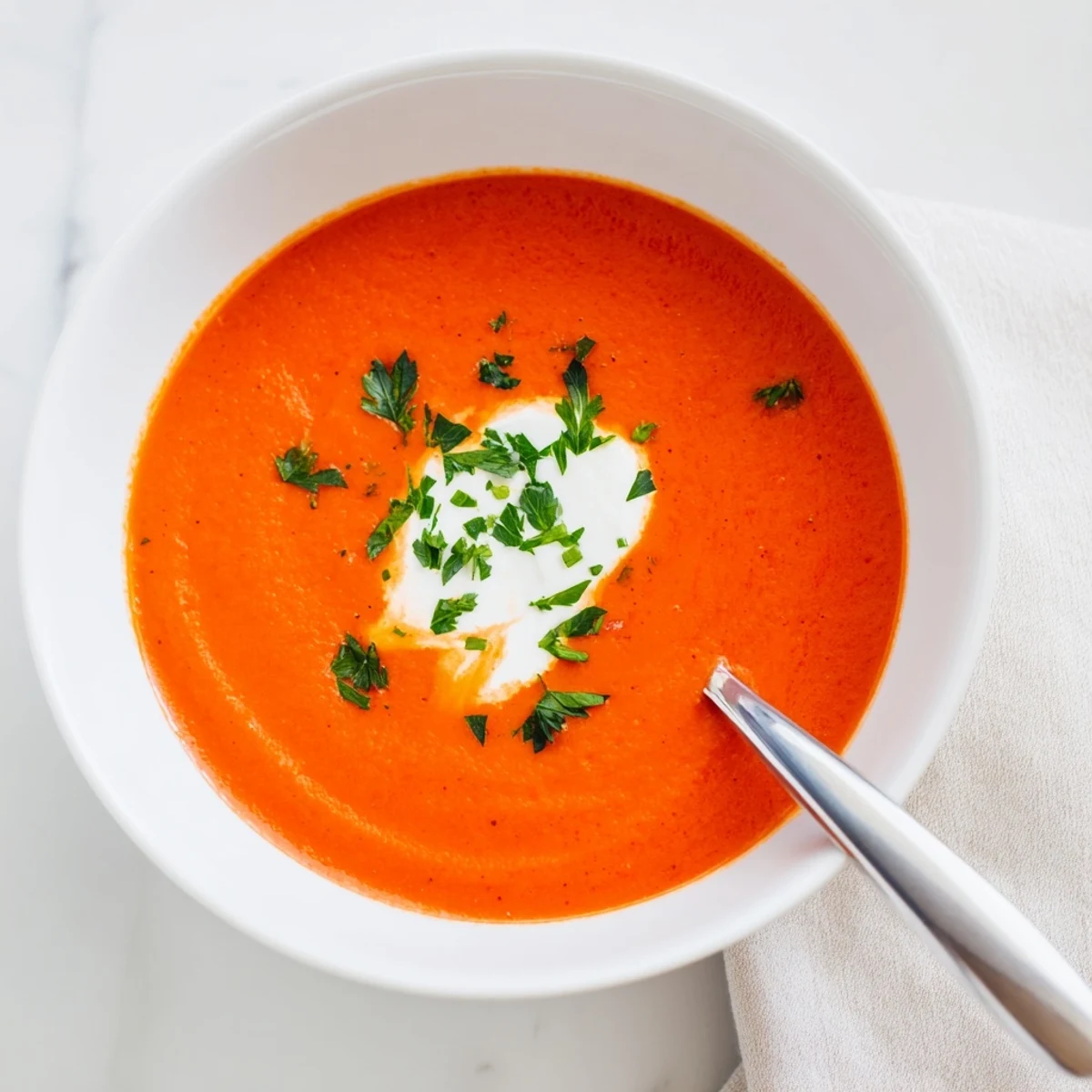 Vibrant roasted red pepper soup, garnished with crème fraîche and parsley, in a rustic bowl with crusty bread on the side.