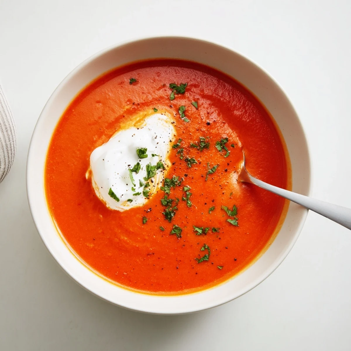 Steaming roasted red pepper soup served with cilantro garnish, in a white bowl beside a piece of crusty artisan bread.