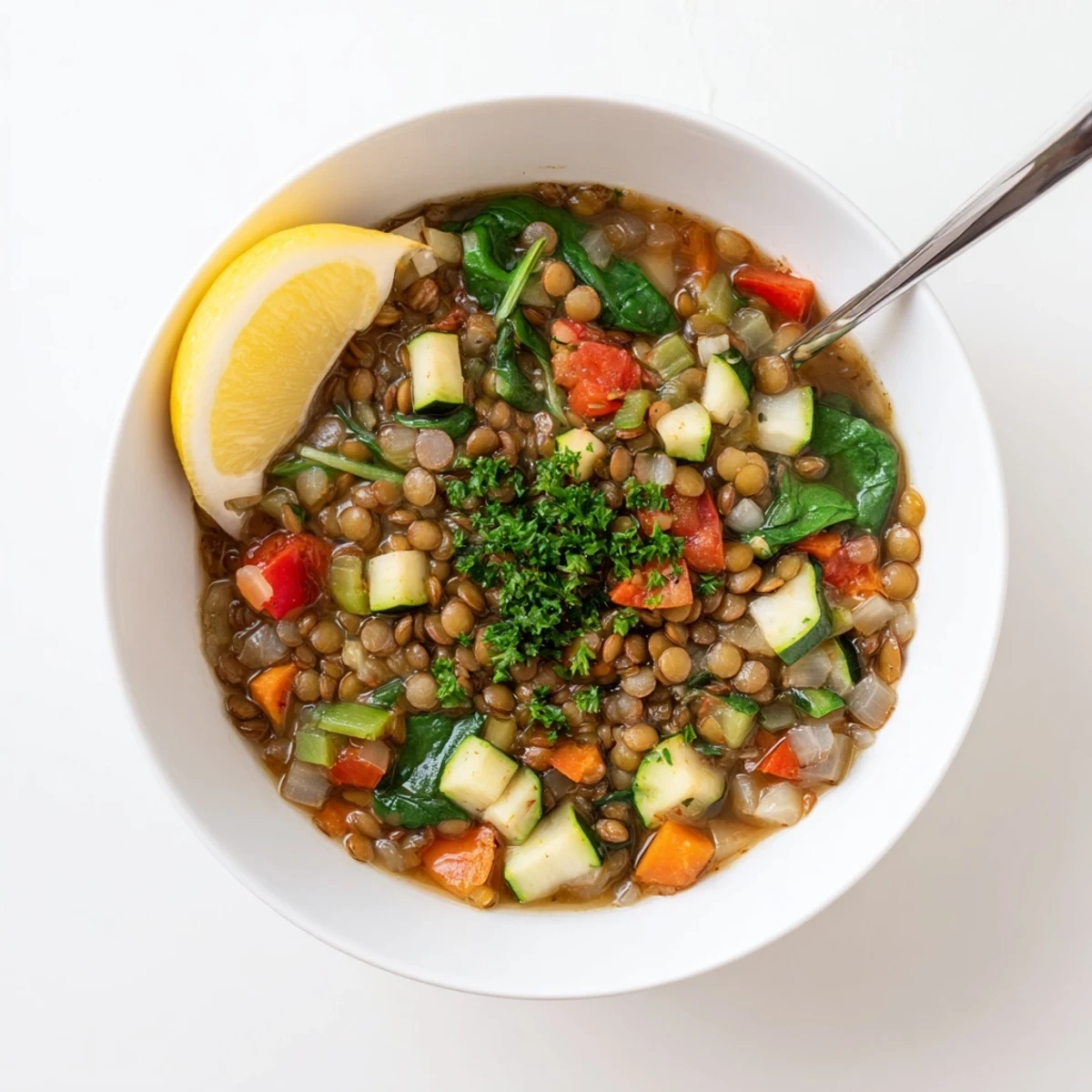 Close-up view of Lentil and Vegetable Soup showing tender lentils, carrots, and greens in a rich broth.