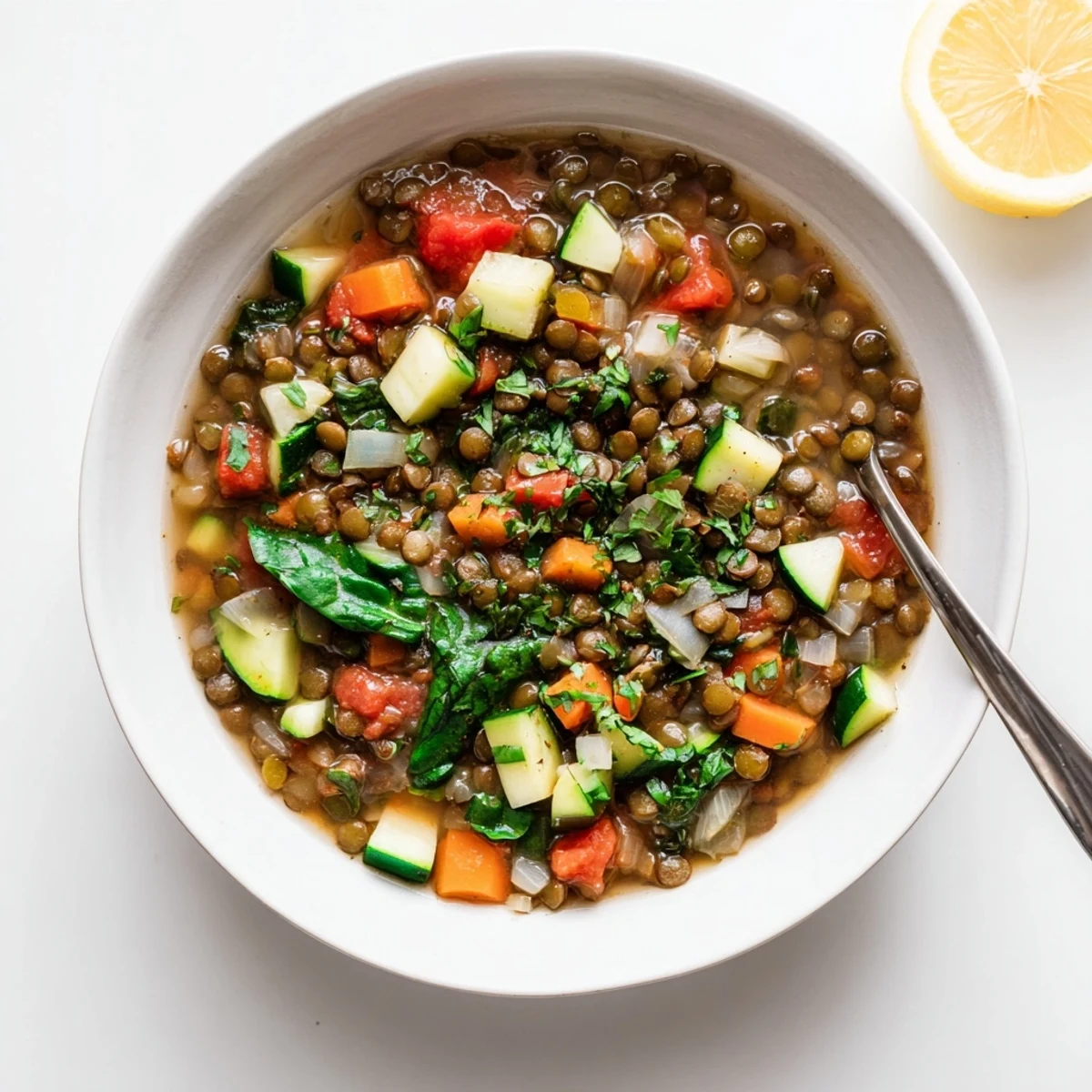 Homemade Lentil and Vegetable Soup served in a rustic bowl with a slice of crusty bread.