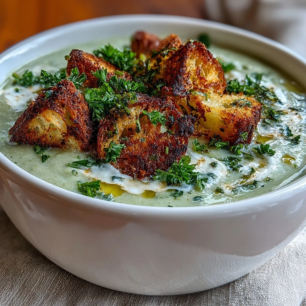A ladle of Cauliflower and Broccoli Soup pours smoothly, showcasing its velvety texture and bright green florets.
