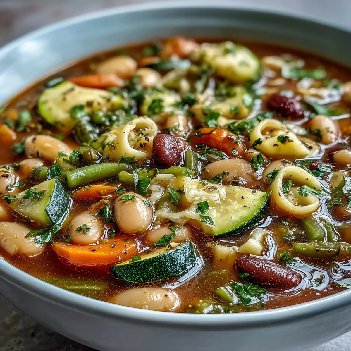 Steaming Minestrone Vegetable Soup fills a rustic bowl, featuring tender pasta, cannellini beans, and vibrant carrots. 