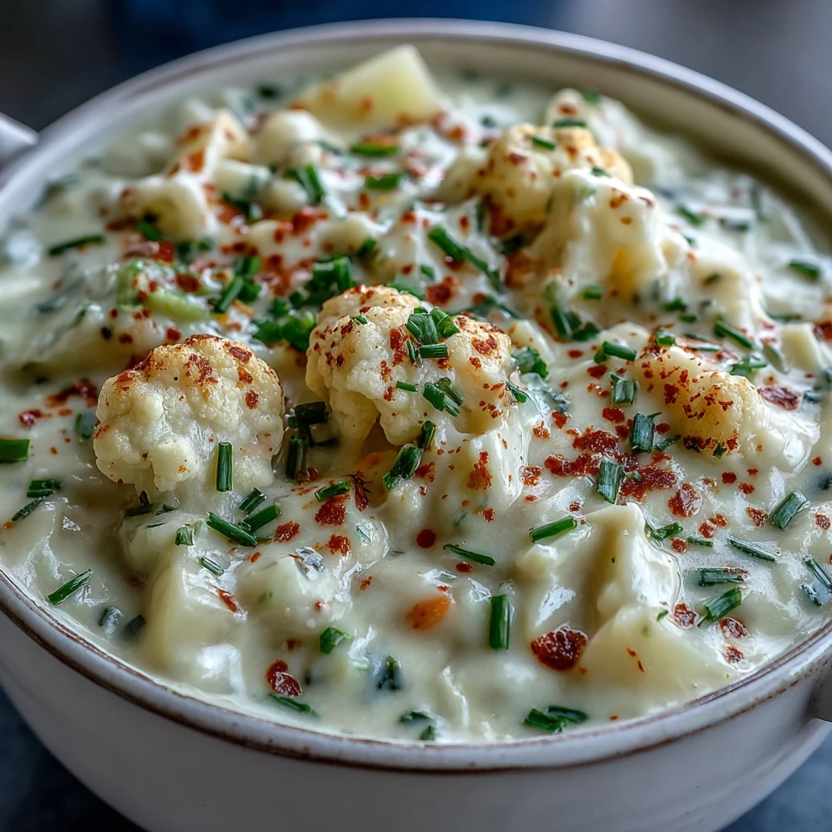 Hearty vegetarian cauliflower chowder garnished with parsley, ready to enjoy with a spoon.