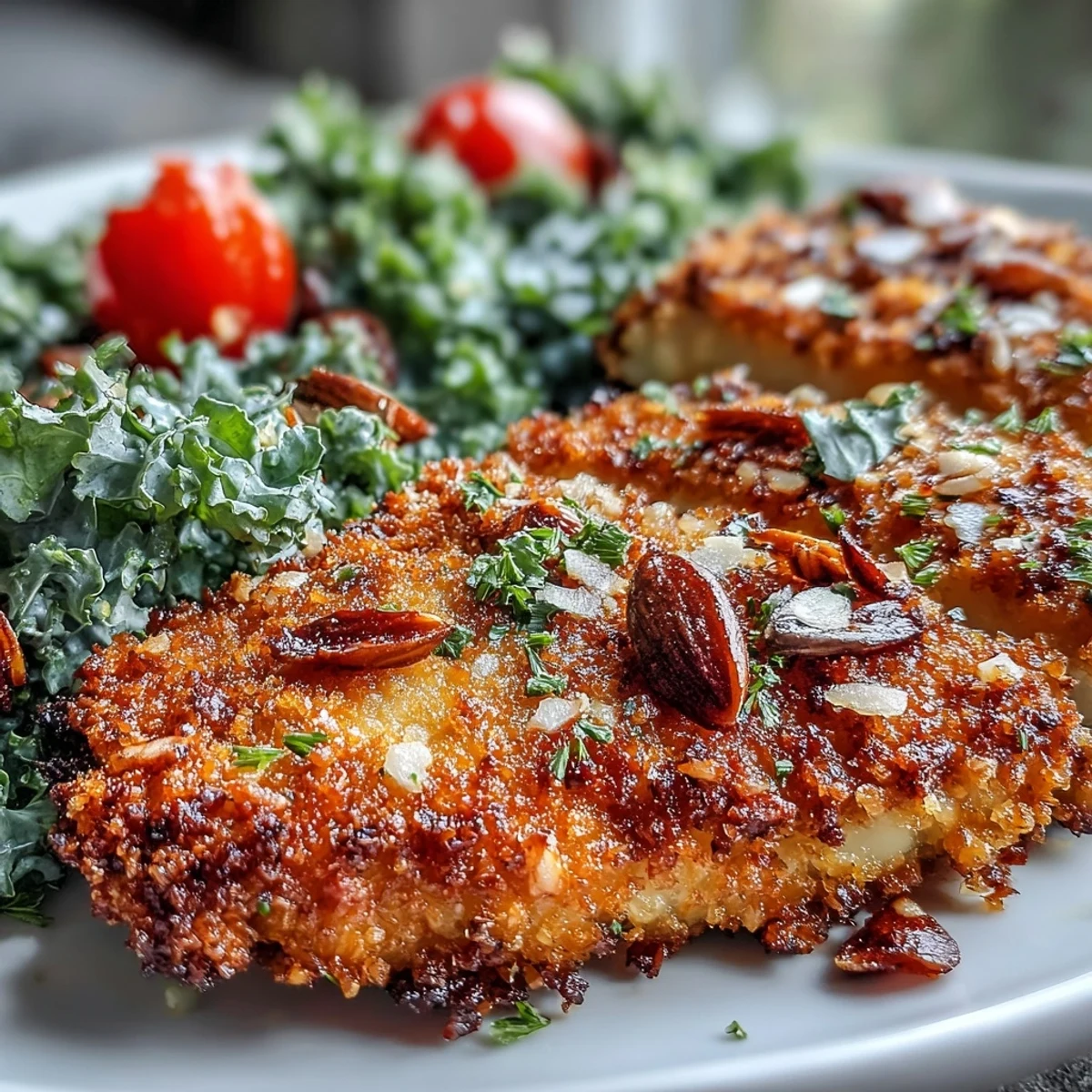 Juicy almond-crusted chicken is plated next to a fresh kale and sumac salad, ready for a wholesome family dinner.