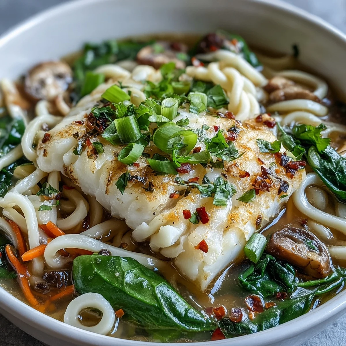 Fragrant coconut broth with poached cod and udon noodles topped with fresh cilantro and scallions.