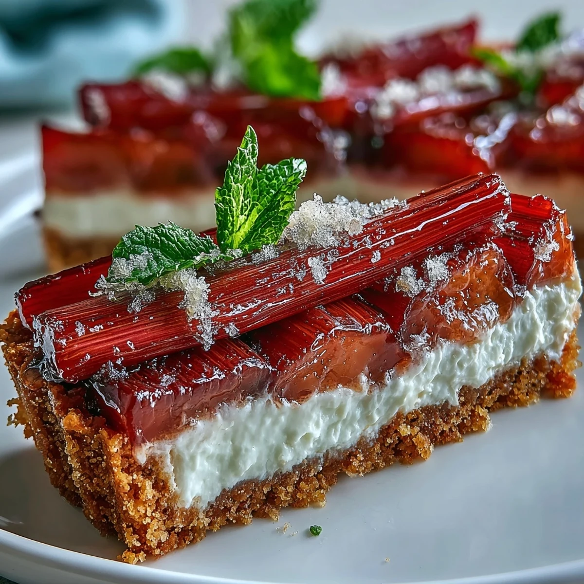 A slice of Rhubarb, White Chocolate, and Elderflower Tart with a golden crust and ruby-red roasted rhubarb on top.