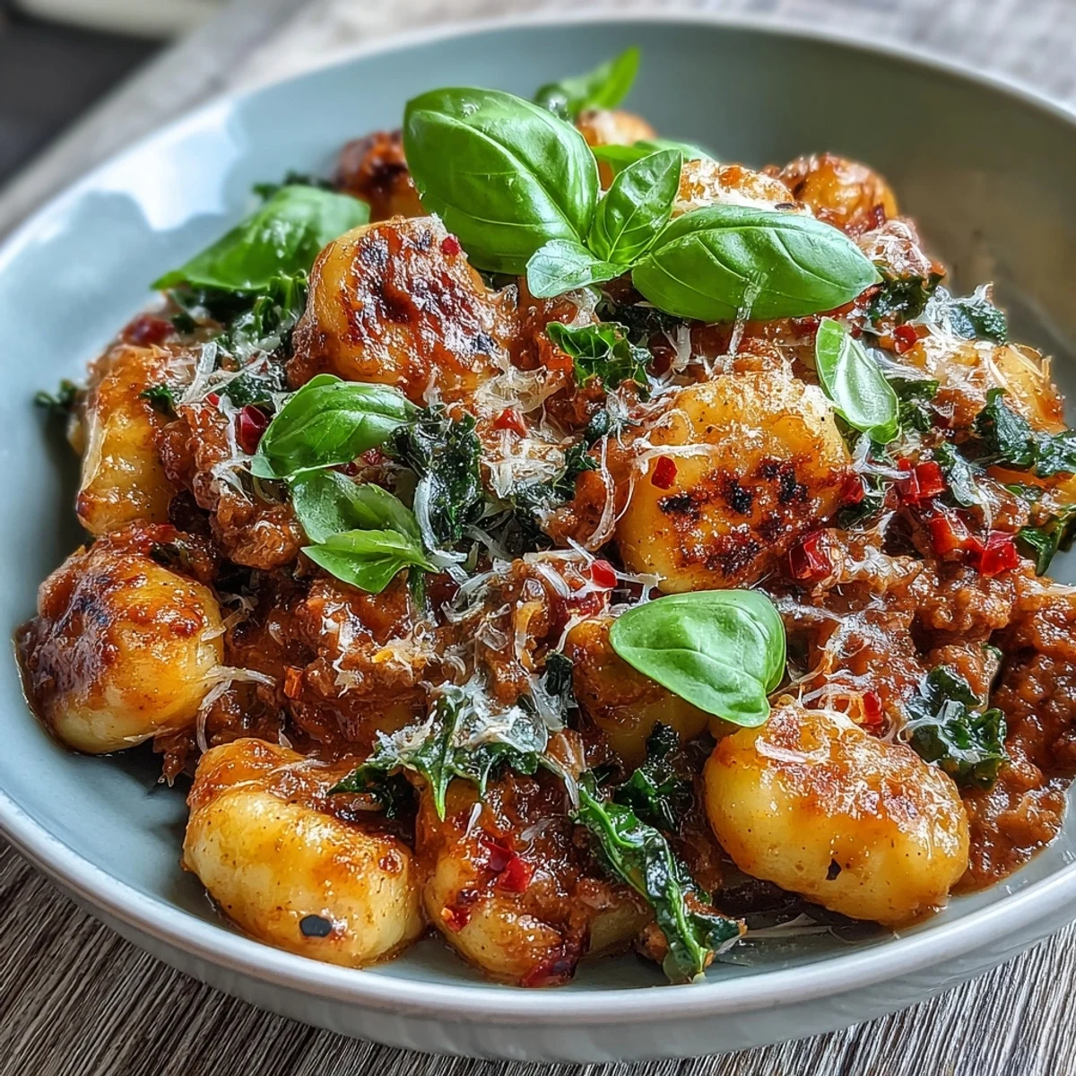 A close-up of Sausage Gnocchi with Kale, featuring coated gnocchi and fresh basil garnish on a rustic wooden table.