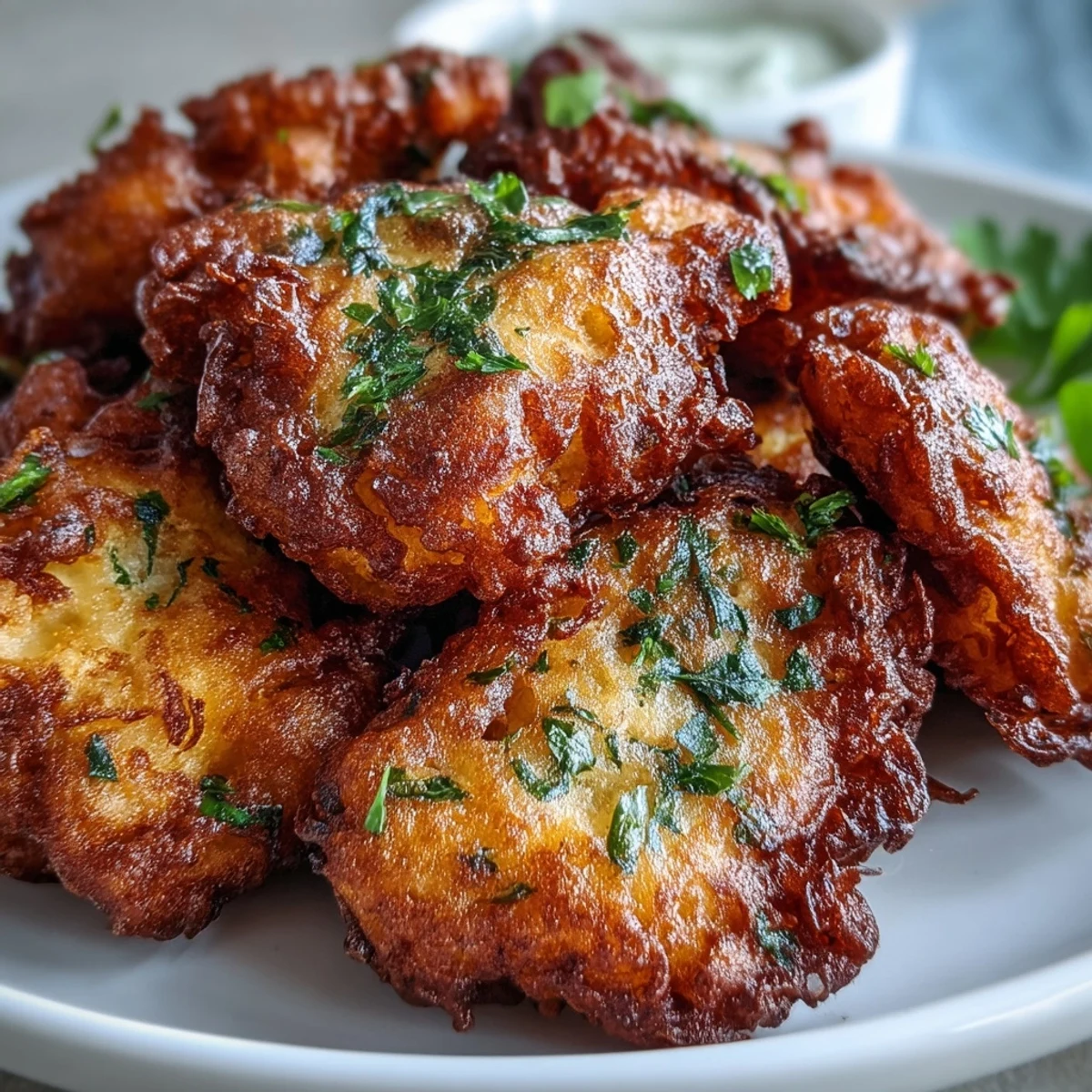 Crispy golden Cauliflower Bhajis are served hot with a cool mint yogurt dip for a perfect appetizer.
