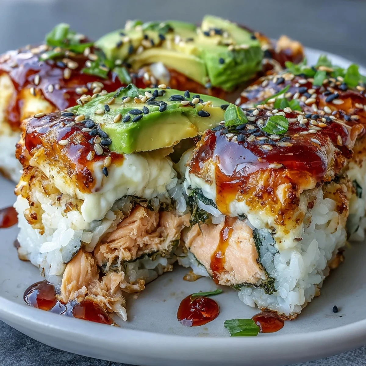 Golden, bubbling Spicy Salmon Sushi Bake with melted cheese and sesame seeds, served ready to scoop.