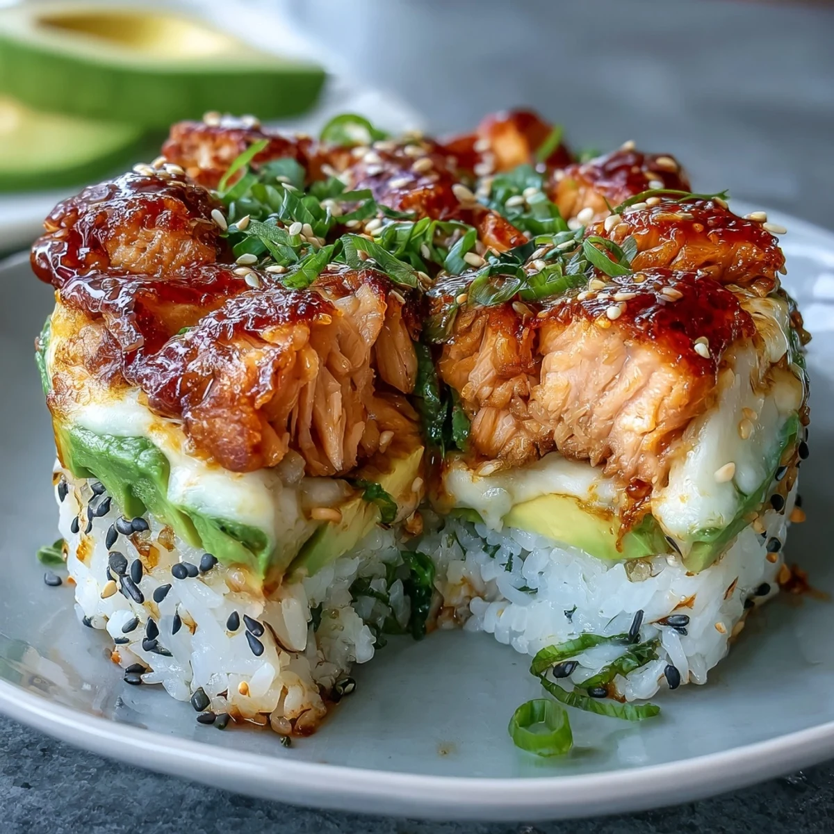 Freshly sliced avocado and a drizzle of creamy sriracha mayo garnish this baked sushi casserole.