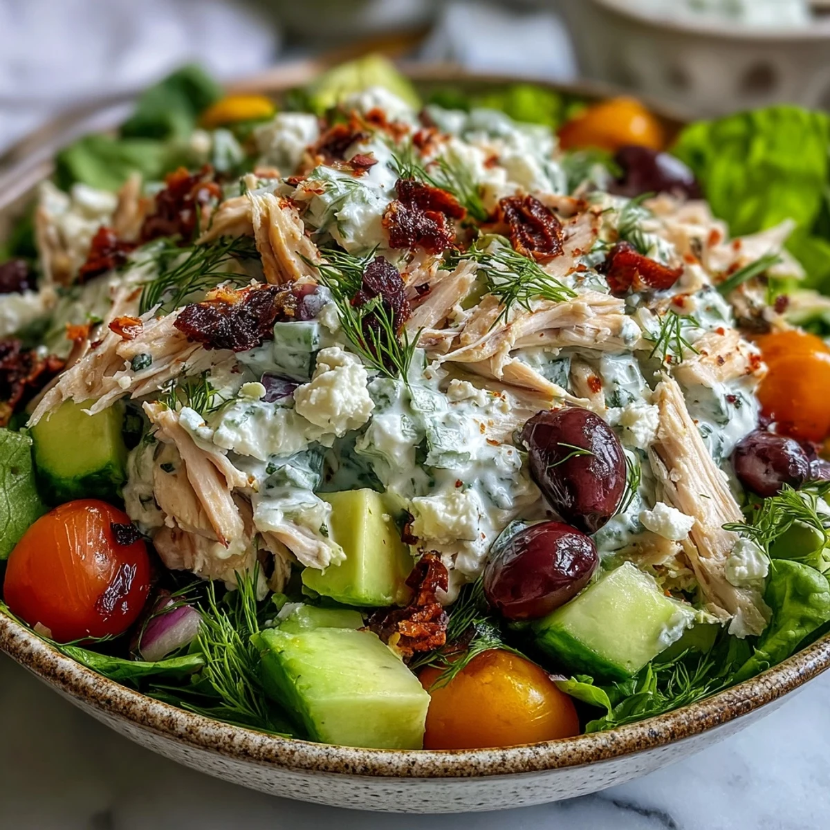 Creamy Tzatziki Chicken Salad tossed with diced red onion and cherry tomatoes, garnished with fresh dill, showcasing a refreshing, easy dinner idea.