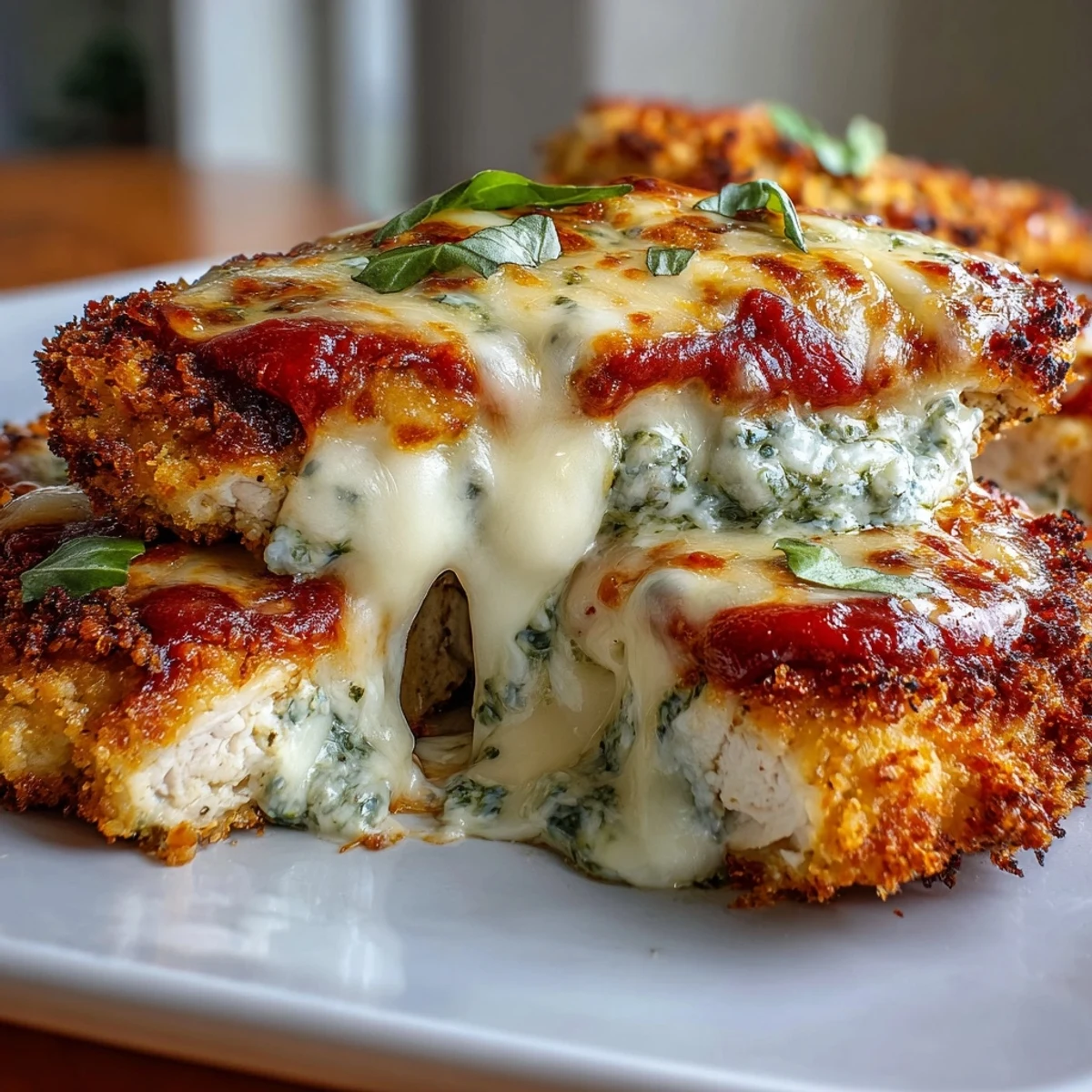 Pesto Chicken Parmesan features juicy chicken layered with fresh basil pesto and rich marinara, melted mozzarella and Parmesan cheese, garnished with vibrant green basil leaves.
