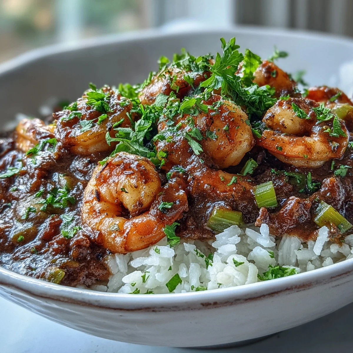 Fork-tender shrimp swim in a deep, dark roux for a classic New Orleans Étouffée, served over fluffy white rice and topped with fresh parsley.