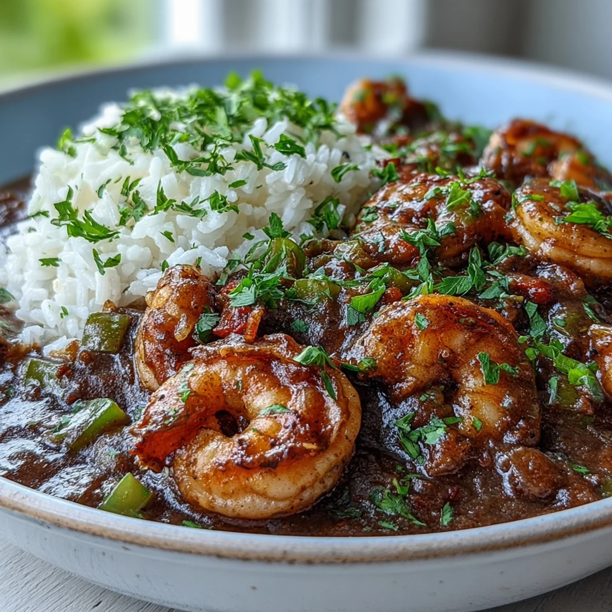 A hearty bowl of Classic New Orleans Étouffée features rich, cajun-spiced gravy, plump shrimp, and fluffy rice, ready for a comforting family dinner.