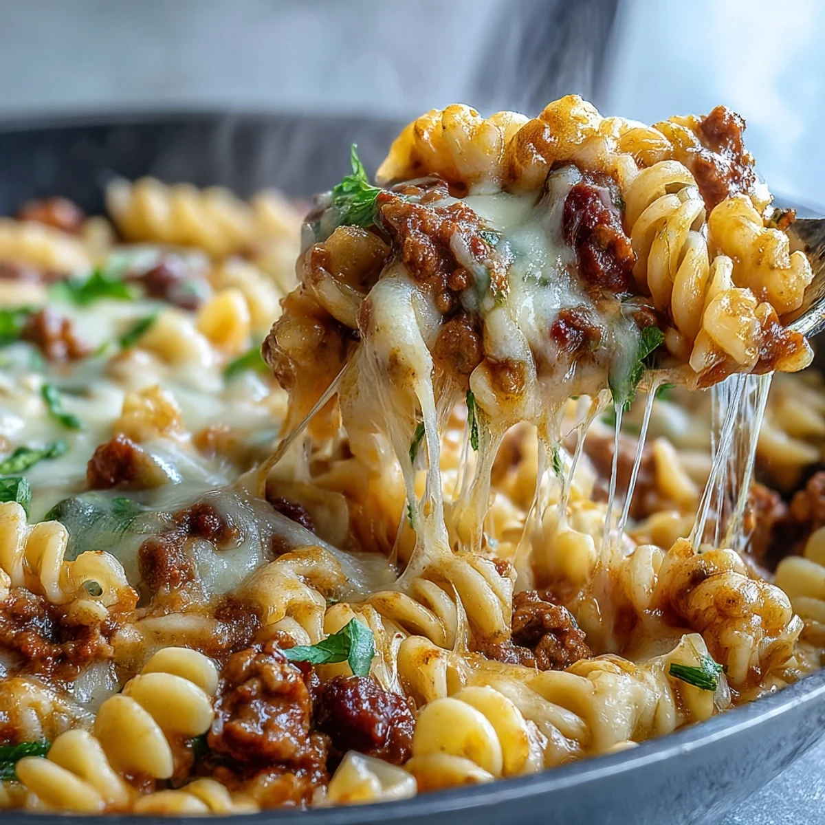A steaming serving of One-Pan High Protein Chili Mac in a rustic bowl, topped with green onions, sour cream, and crushed tortilla chips. 