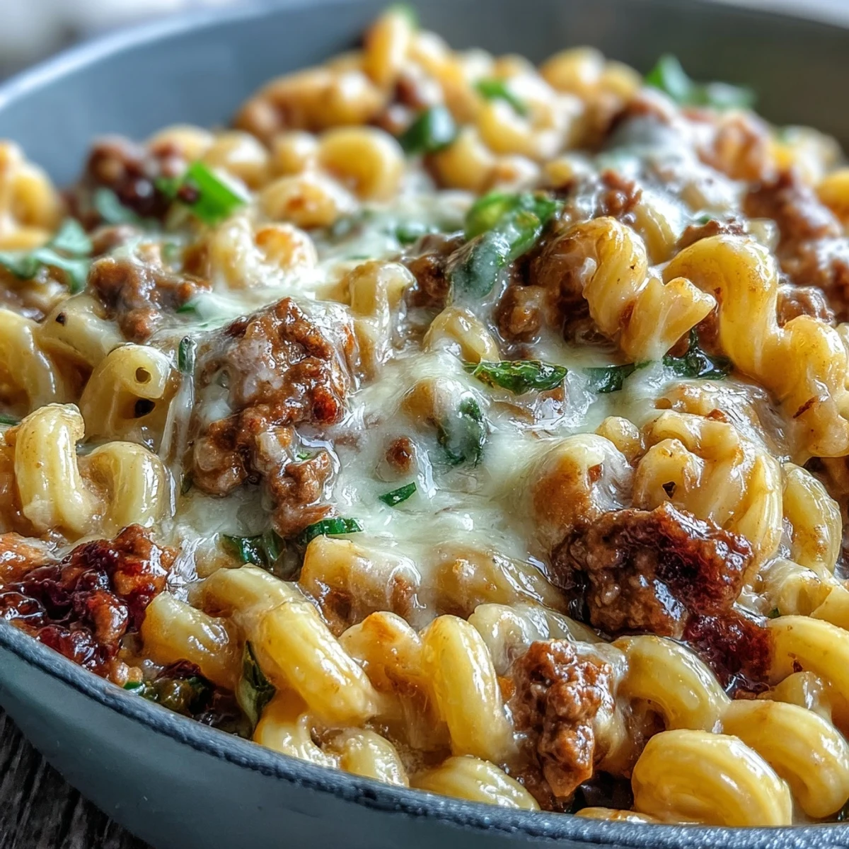 Family-style pot of One-Pan High Protein Chili Mac, made with elbow macaroni, black beans, and shredded cheese, ready to scoop.