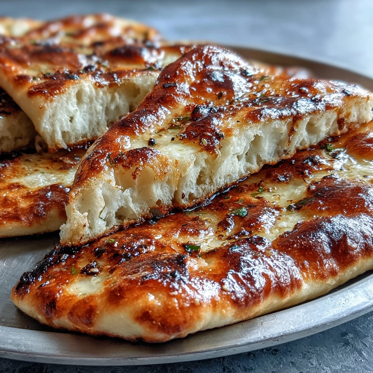 Golden-brown The Best Easy Garlic Naan Bread resting on a rustic wooden board, garnished with fresh minced garlic and herbs for a savory aroma.