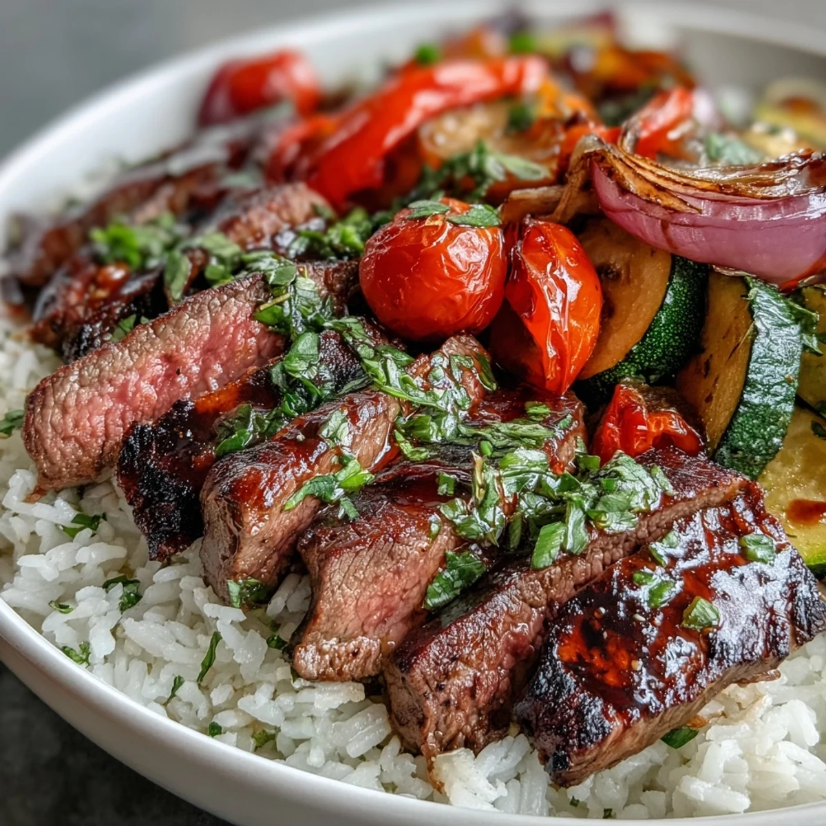 Serve this complete Sheet Pan Steak and Veggie Bowl garnished with fresh parsley and lemon wedges for a bright, satisfying finish.
