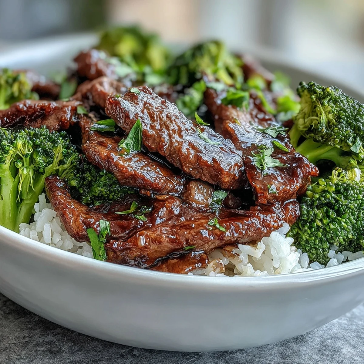 Delicious Asian-inspired Beef and Broccoli Bowl with saucy beef and crisp broccoli florets, plated for a quick weeknight dinner.